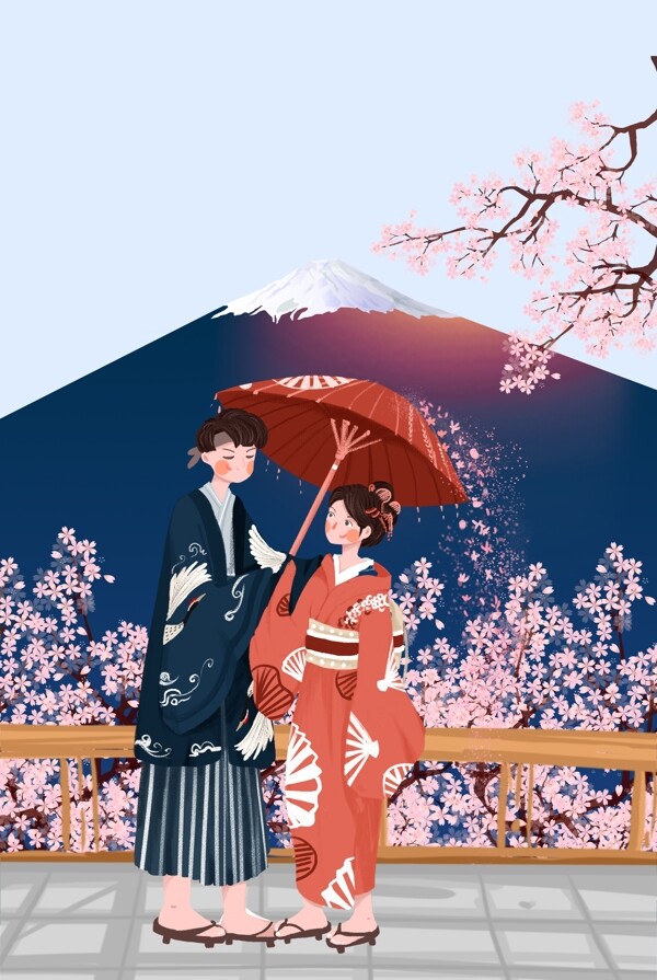 富士山和服情侣背景海报