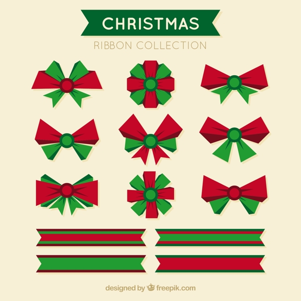 红色和绿色的蝴蝶结带着几条圣诞色带