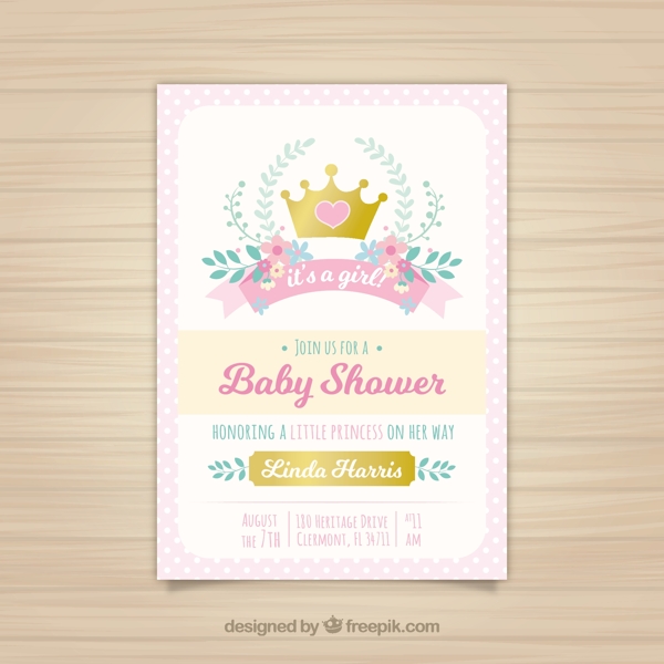 粉红色的婴儿淋浴邀请与公主冠
