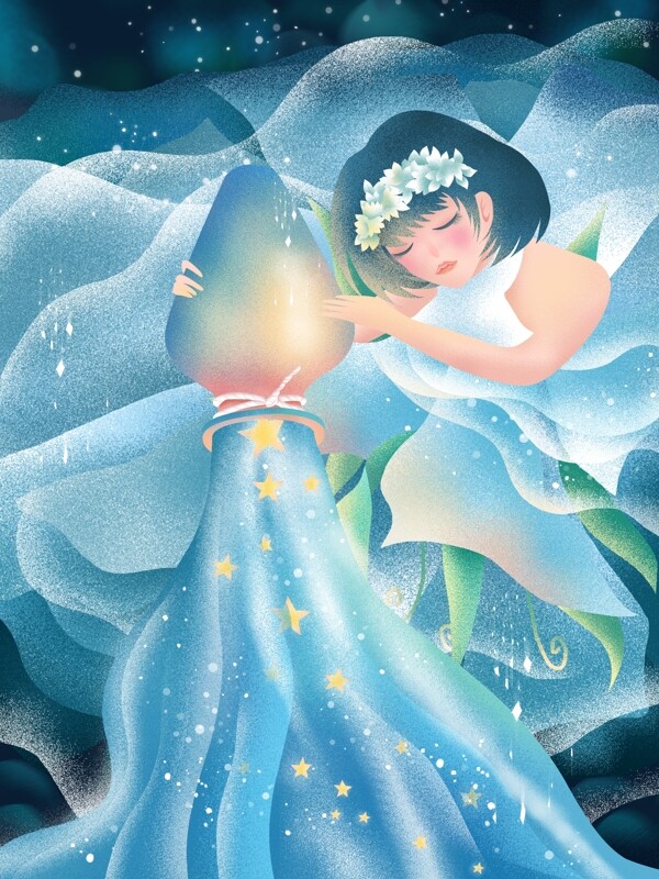 原創(chuàng)手繪插畫十二星座之水瓶座女孩