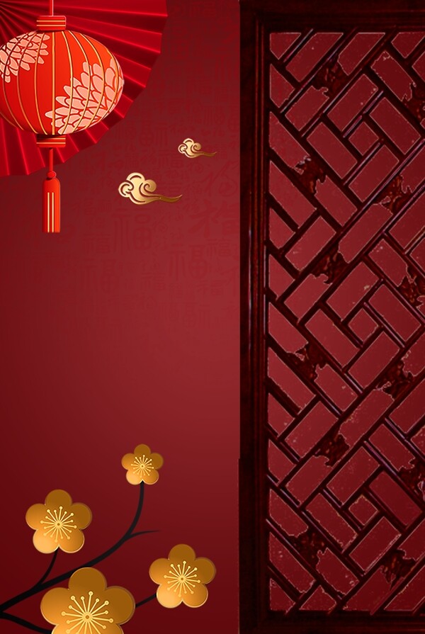 中国风红色古风木门广告背景