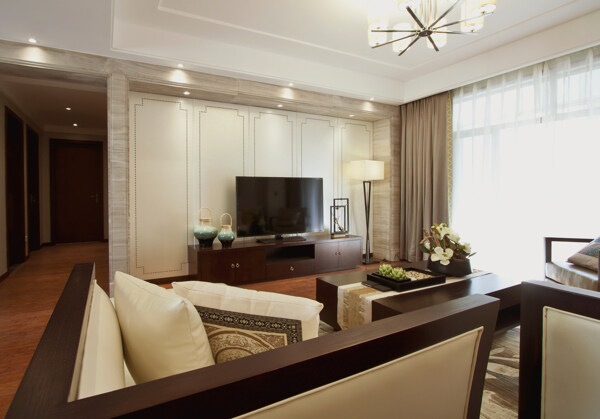 现代简约客厅白色薄纱窗帘室内装修效果图