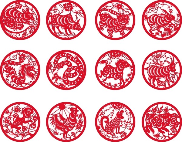 十二生肖圓形剪紙