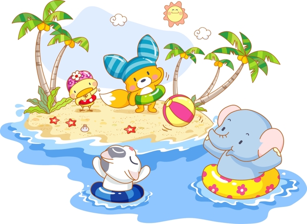 卡通动物系列海滩度假