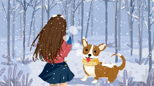 冬天你好女孩和小狗的玩耍温暖可爱插画