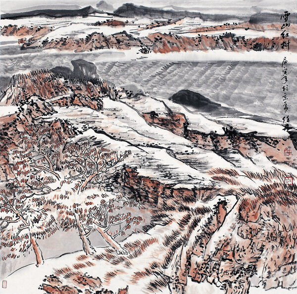 雪山紅樹圖片