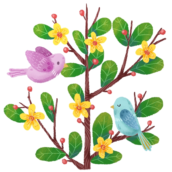 手绘小清新自然树枝花卉和鸟儿