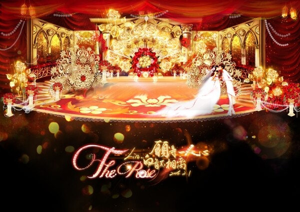 手绘金红色欧式宫殿大气婚庆场景设计