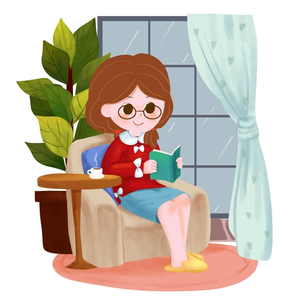谷雨在家看书的女孩插画
