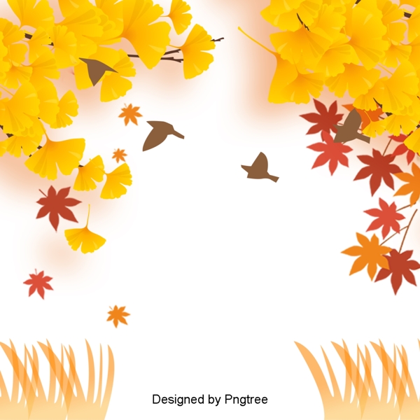 美丽多彩的卡通可爱的手绘秋天金叶鸟树