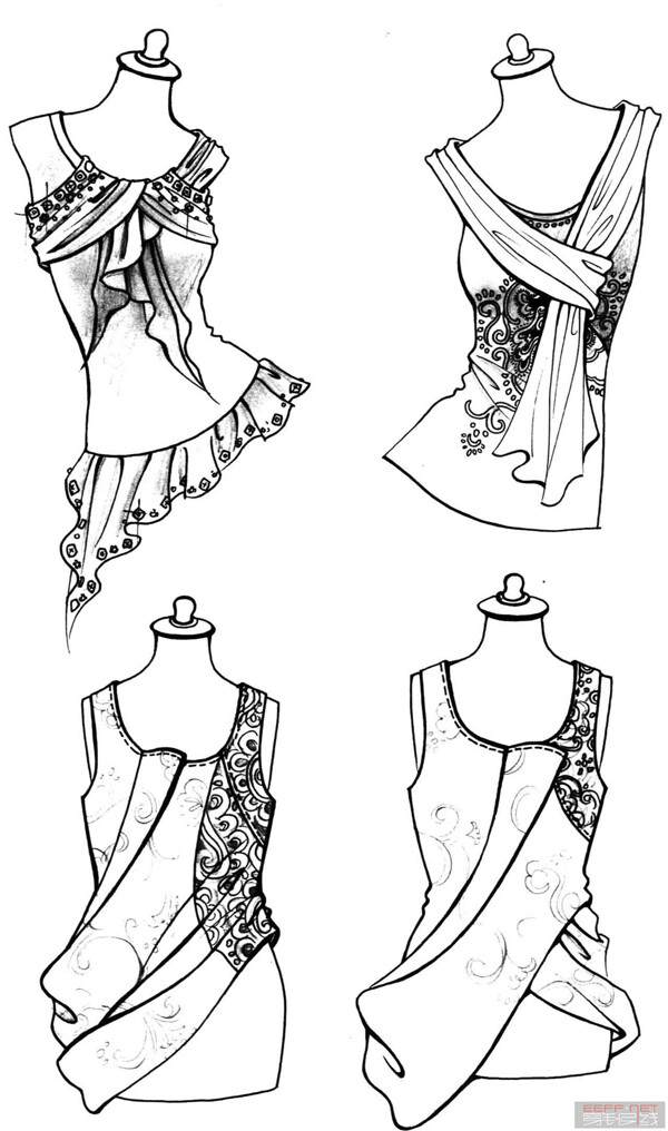 4款休闲连衣裙设计线稿图