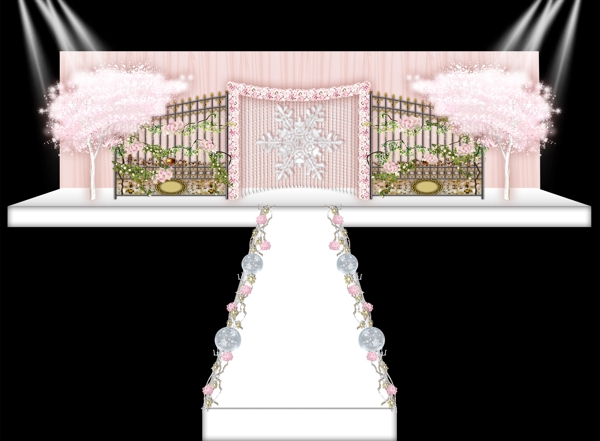 粉色铁艺樱花树雪花婚礼主背景效果图