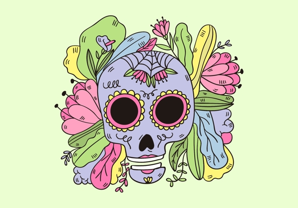 手繪花卉骷顱頭插畫