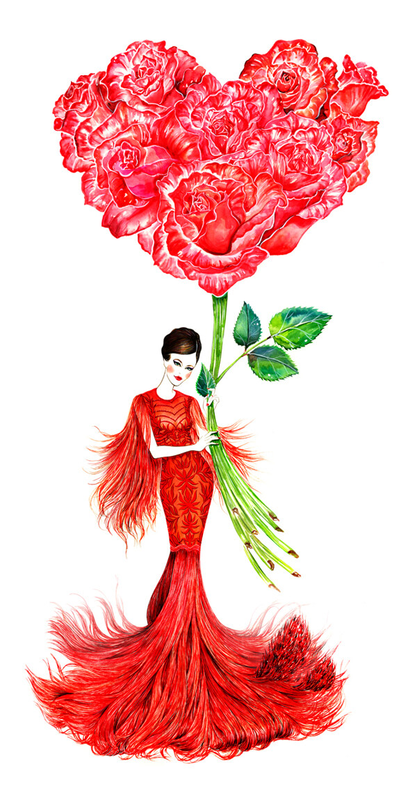 玫瑰花红色长裙礼服设计图