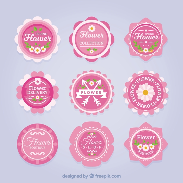 九个粉红色调花卉标签图标