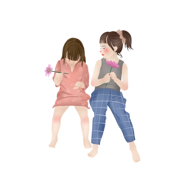 小清新手绘拿着花的两个女孩