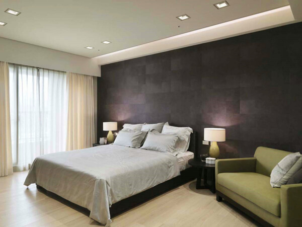 现代时尚卧室深紫色背景墙室内装修效果图