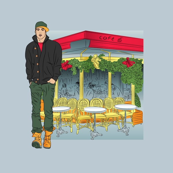 印花矢量圖人物男人建筑咖啡廳免費(fèi)素材