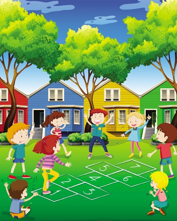 院子里的孩子玩跳房子游戏说明