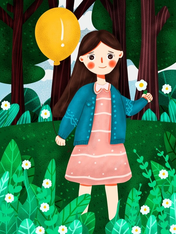 国际儿童日可爱卡通小女孩在玩气球