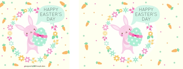 可爱的兔子背景与复活节彩蛋和花圈