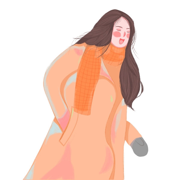 彩绘冬天穿大衣的女生手绘设计