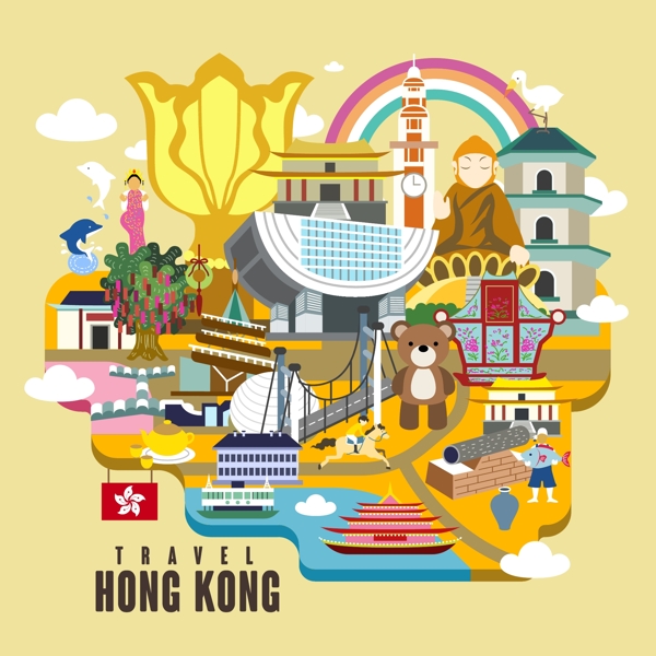 扁平个性香港旅行插画