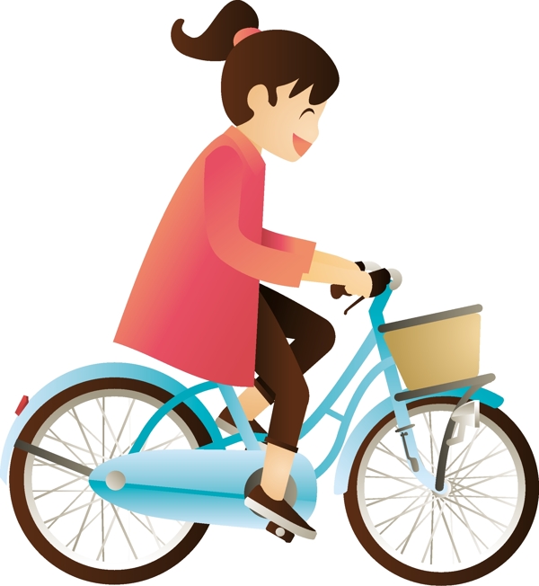 卡通矢量手绘正在骑自行车的女孩