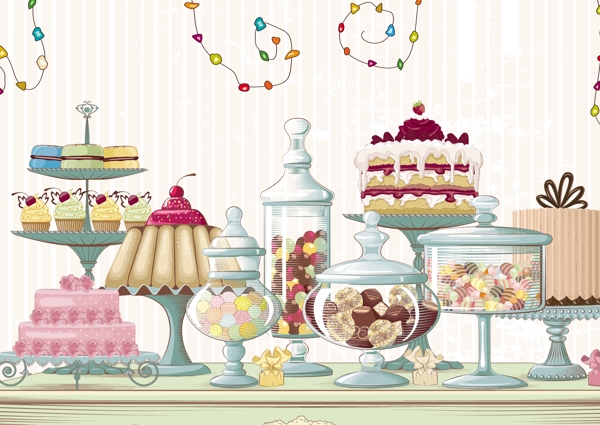 卡通时尚甜品蛋糕和果糖插画