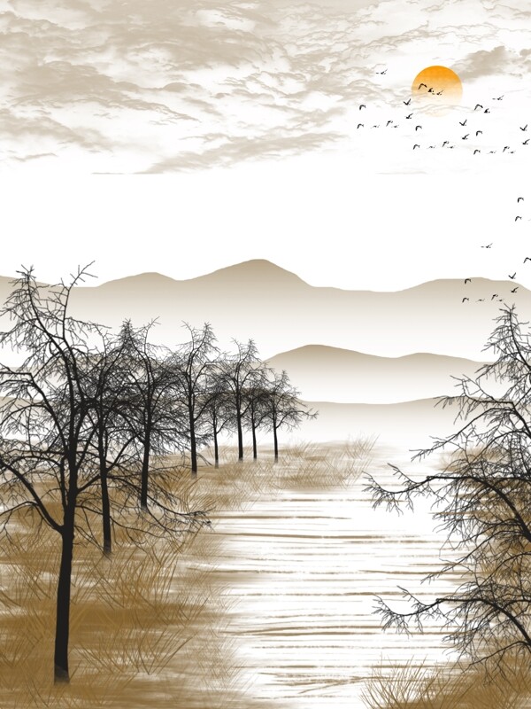 中国风山水丛林手绘水彩装饰画