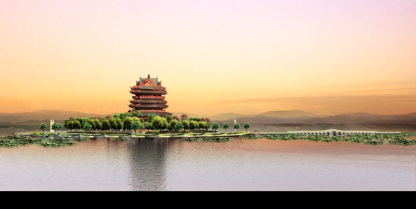 黃昏的湖邊