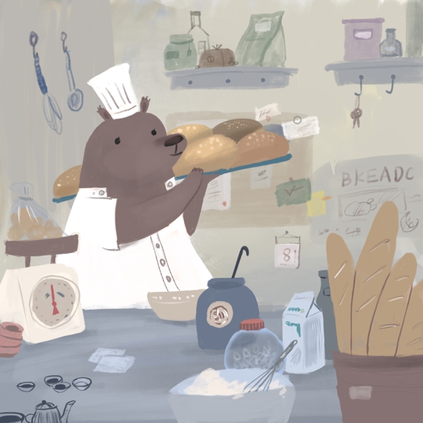 卡通小熊烘焙面包儿童手绘插画