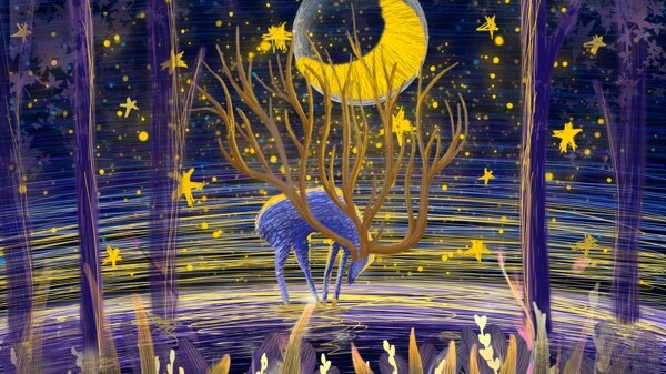 星空插画治愈系星空下的的鹿