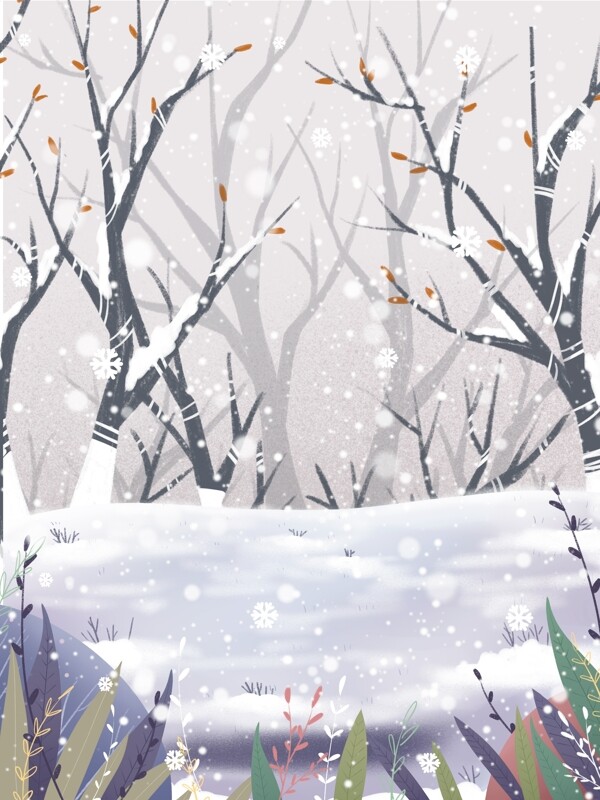 手绘冬季枯树雪景背景素材