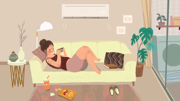 夏日假期在家享受空调的小胖妞居家生活插画