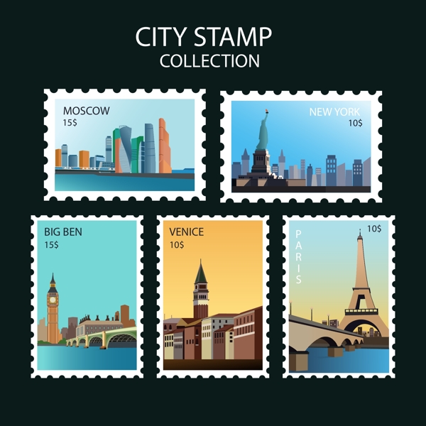 著名的城市邮票的精选