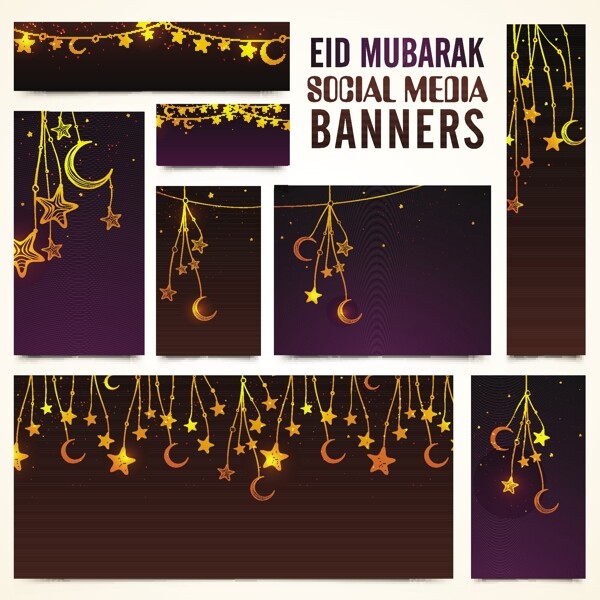 社会媒体横幅装饰挂新月和明星为著名的节日EidMubarak庆祝活动
