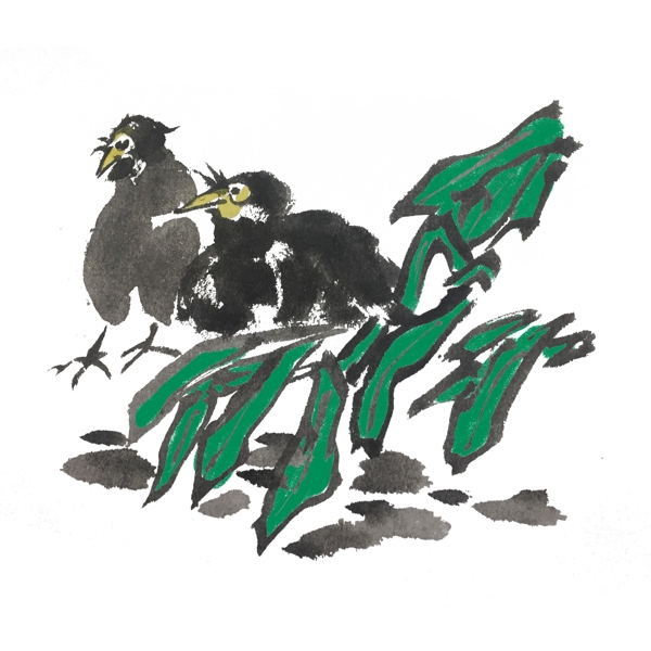 中国风两只鸟儿手绘插画