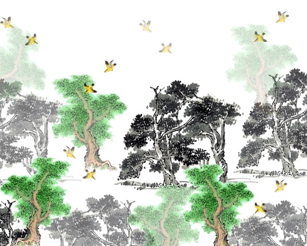 中国风手绘树林小鸟背景素材