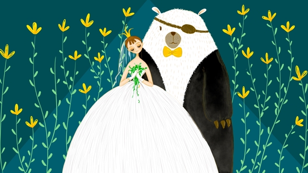 简约唯美创意治愈系新娘大白熊婚礼插画