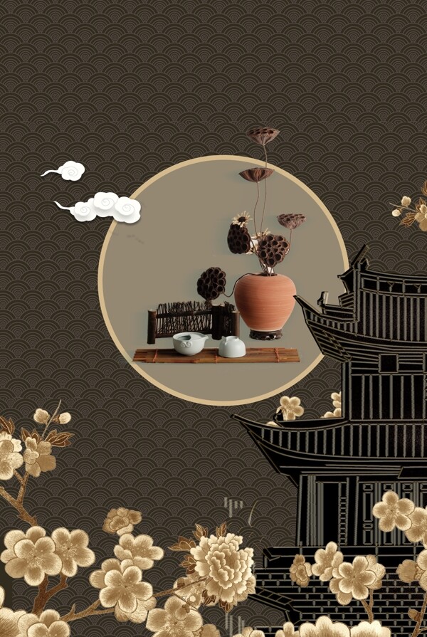 黑色质感新中式五月春茶节刺绣花卉背景