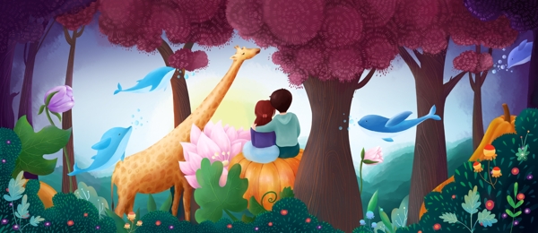 森林动物卡通插画背景海报素材图片