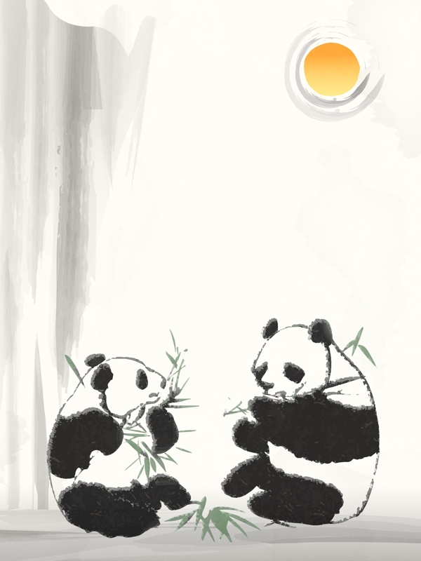 熊猫吃竹子水墨古风插画
