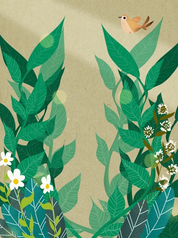 清新手绘绿叶花朵背景设计