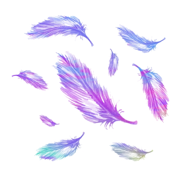 水彩蓝紫色黄色渐变羽毛漂浮设计元素背景
