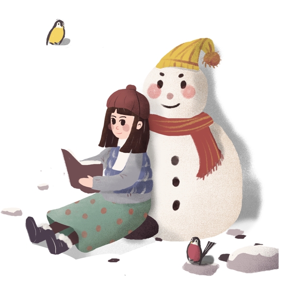 文艺清新靠着雪人看书的女孩