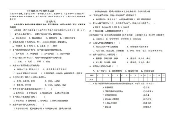 地理人教版七年級上學(xué)期期末試題