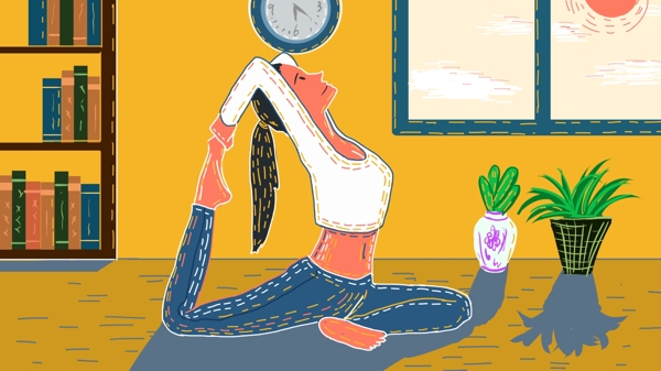 复古机理瑜伽清晨健身运动的少女插画海报