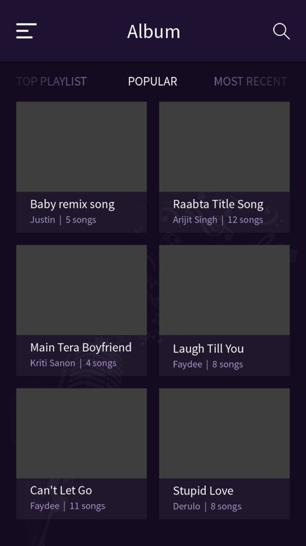 紫色的手机音乐app歌手唱片专辑界面