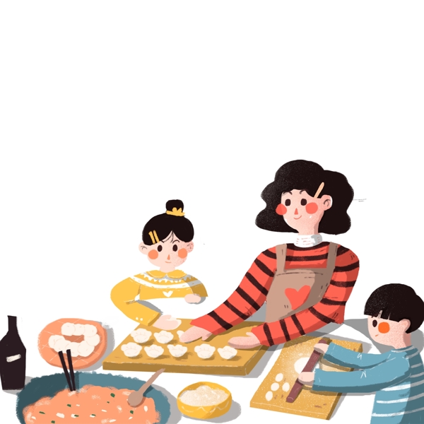 手绘冬至包饺子的妈妈和小孩
